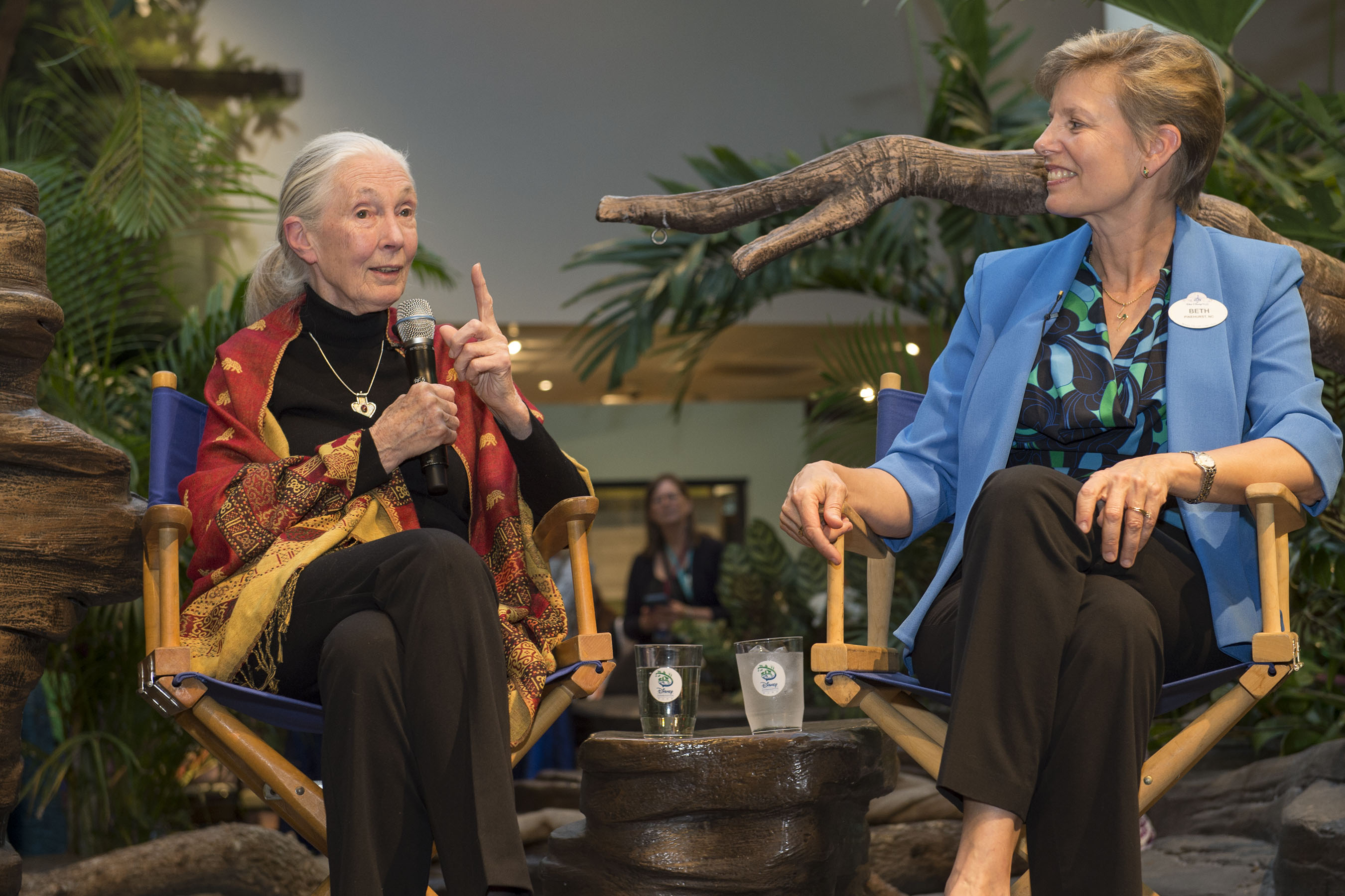 Dr. Jane Goodall talks with Dr. Beth Stevens, senior vice president, environment and conservation, corporate citizenship for the Walt Disney Company on April 19, 2016 at Disney's Animal Kingdom. Dr. Goodall and Dr. Stevens visited Disney's Animal Kingdom to celebrate the 20th anniversary of the Disney Conservation Fund and support the launch of its new initiative called "Reverse the Decline, Increase the Time" which aims to reverse the decline of threatened species through scientific research and increasing the time kids spend in nature. (David Roark, photographer)
